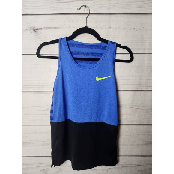 Nike Womens Tank Top Shirt Blue Color Block Sleeveless Scoop Neck Dri Fit Logo L - Picture 1 of 6